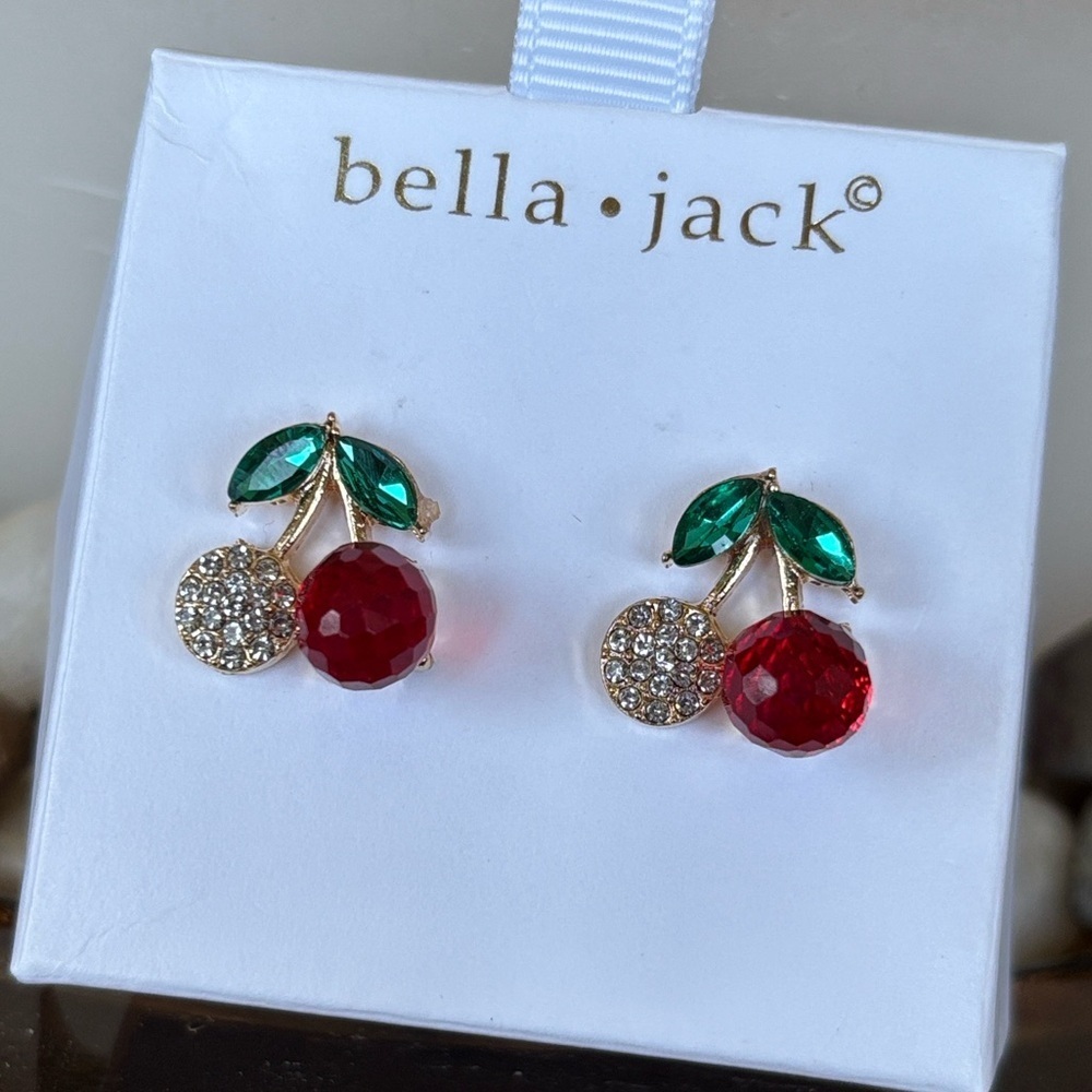 Brand New Bella Jack Red Cherries Crystal Rhinestone Post Earrings Studs Pierced - Picture 9 of 12